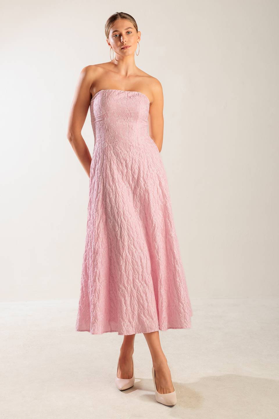 ROLL WITH IT PINK WOVEN MIDI DRESS Flying Tomato